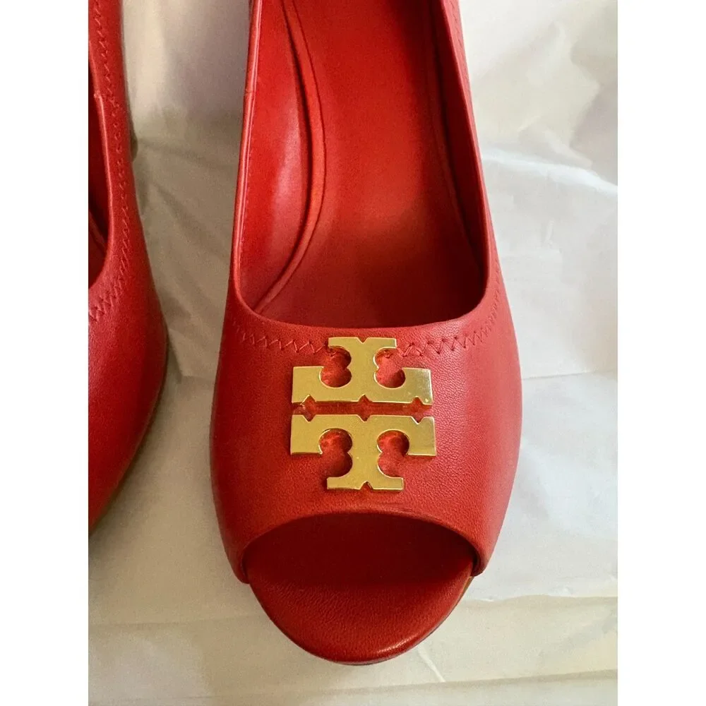 Women's Tory Burch Scarlett Red Leather Wedge Pumps Size 8.5